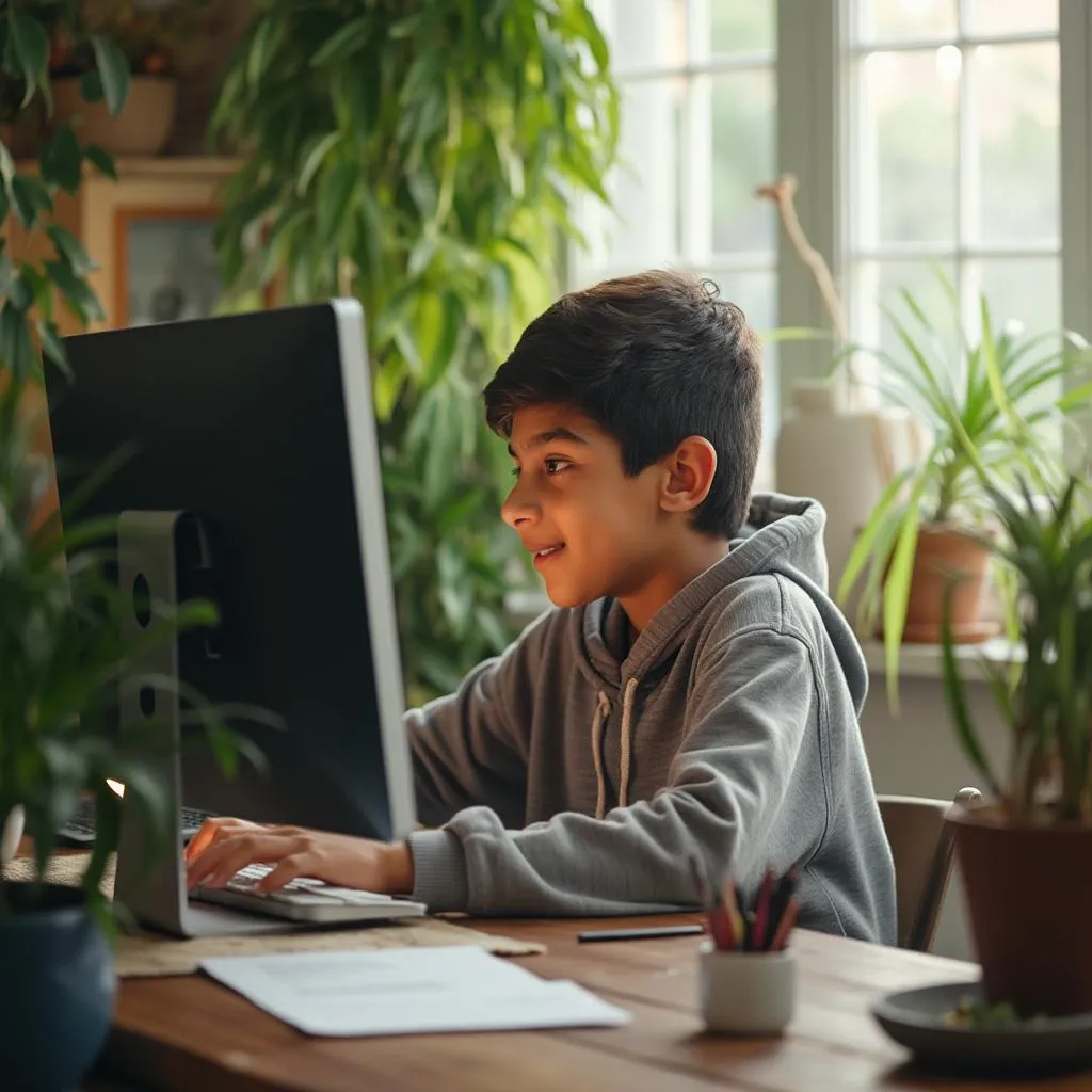 Estudiante aprendiendo gestión de chat en línea
